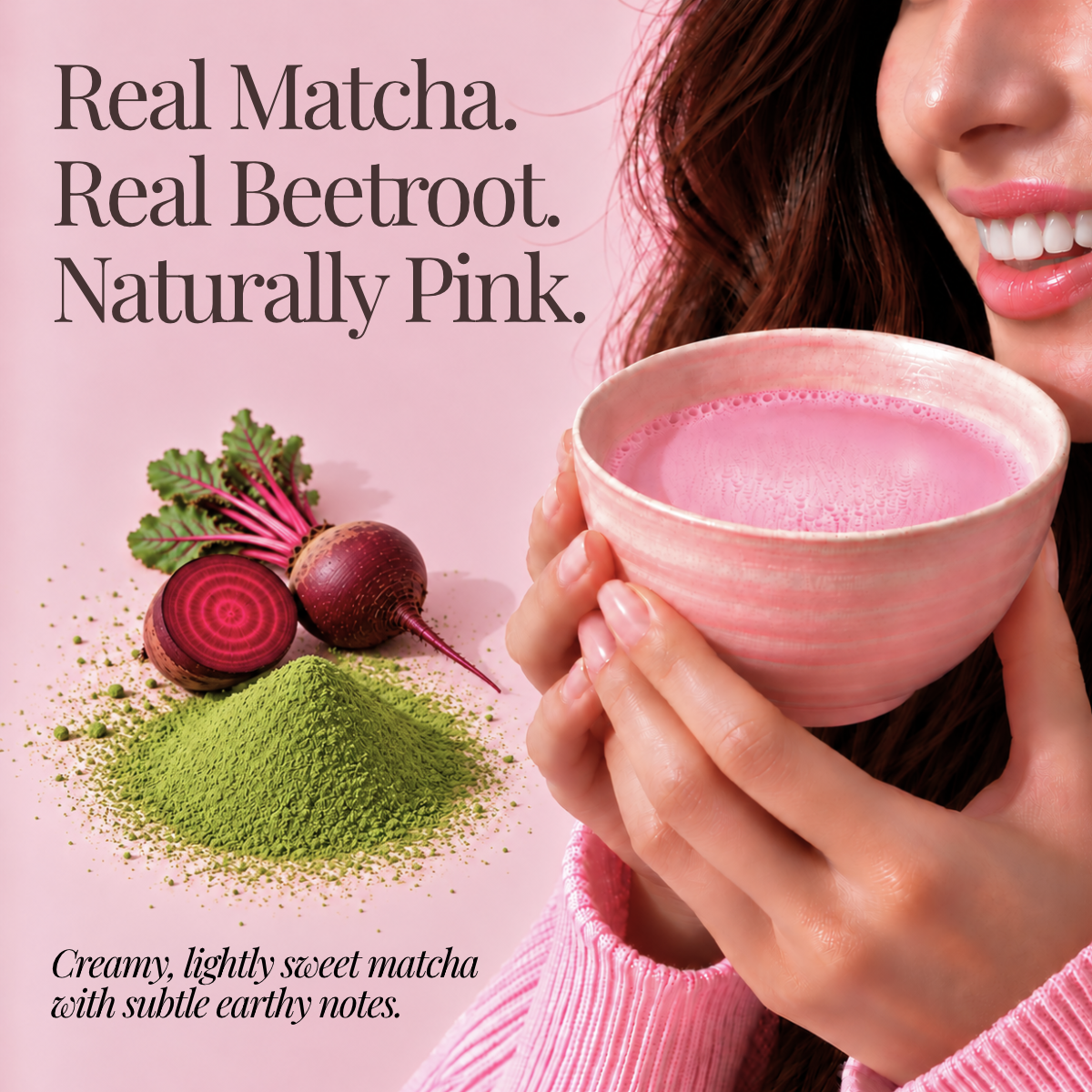 Pink matcha latte made with real matcha and real beetroot, naturally pink
